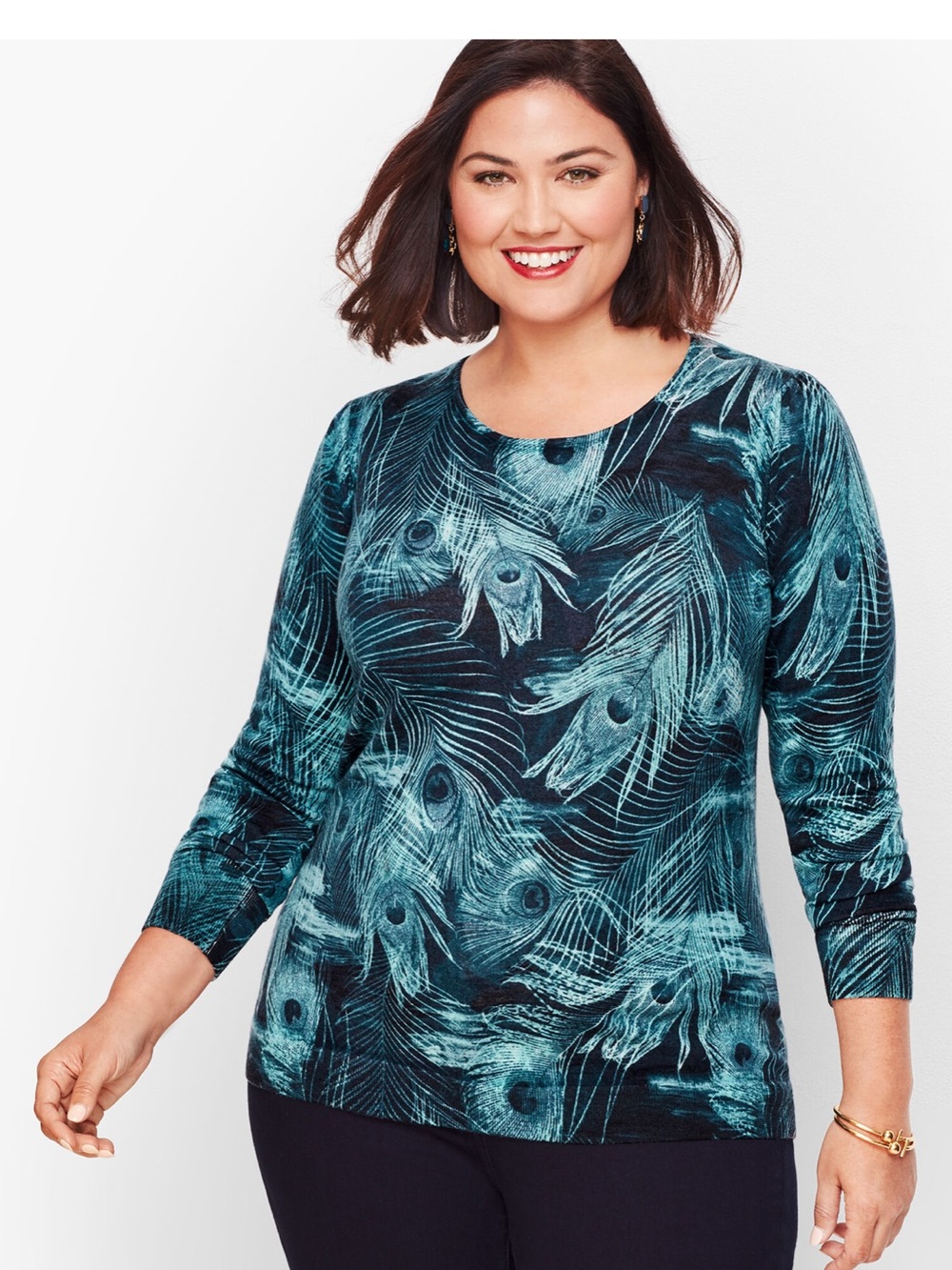 EUC! Talbots 3X Teal and Navy Merino Wool Printed Top/Sweater